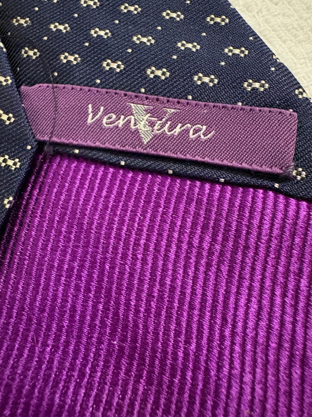 Ventura Vintage Silk Necktie Geometric Micro Pattern Navy Purple Made in USA